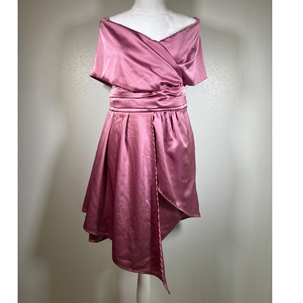 Mauve Always Celebrating Lulu Satin Off Shoulder Asymmetrical Mini Dress Pink XL